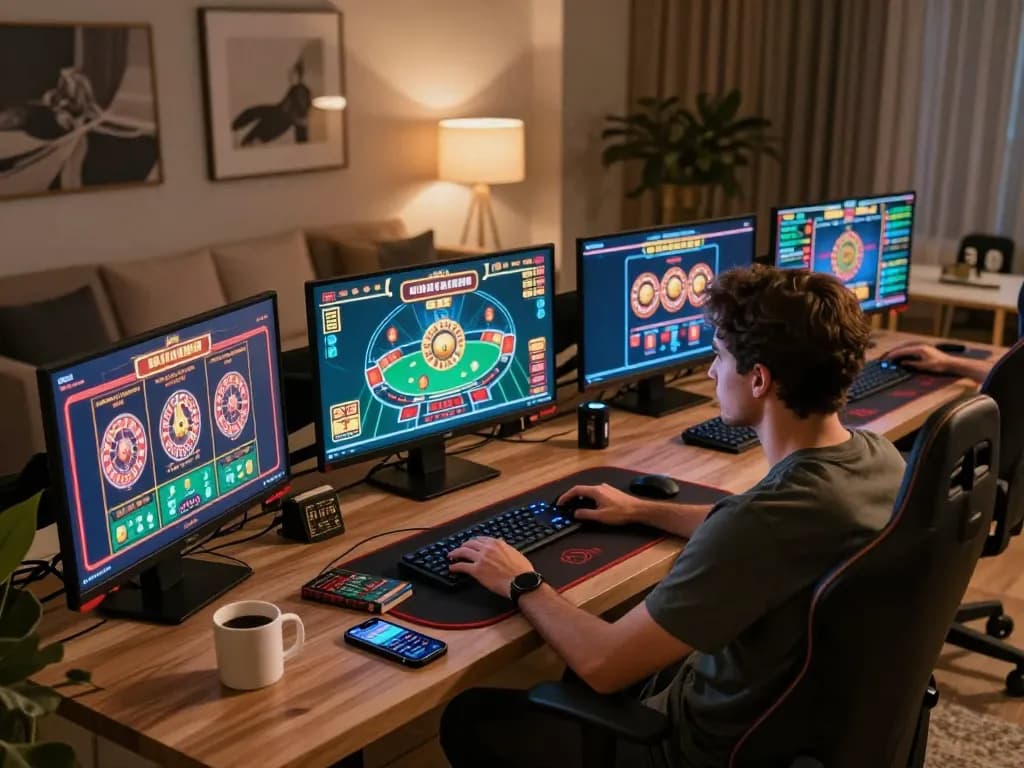 Pemain Bintangmpo terlibat dalam permainan kasino online strategis dengan pengaturan multi-layar di rumah.