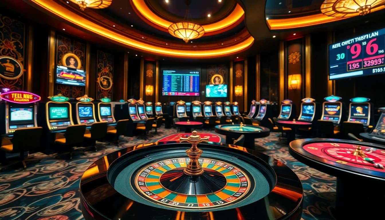 Experience the excitement of TRANG CHỦ SBOBET with vibrant casino elements showcasing roulette, poker chips, and lively gaming activities.