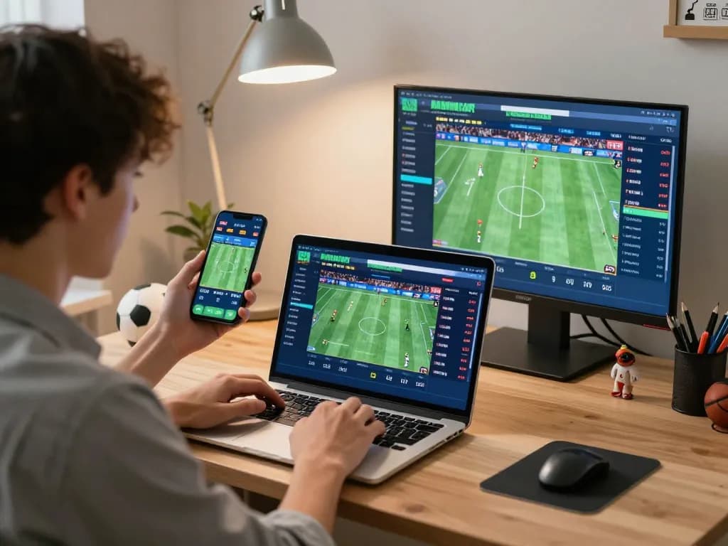 Engaging moment of a bettor analyzing kèo nhà cái 5 while placing bets on live sports events.