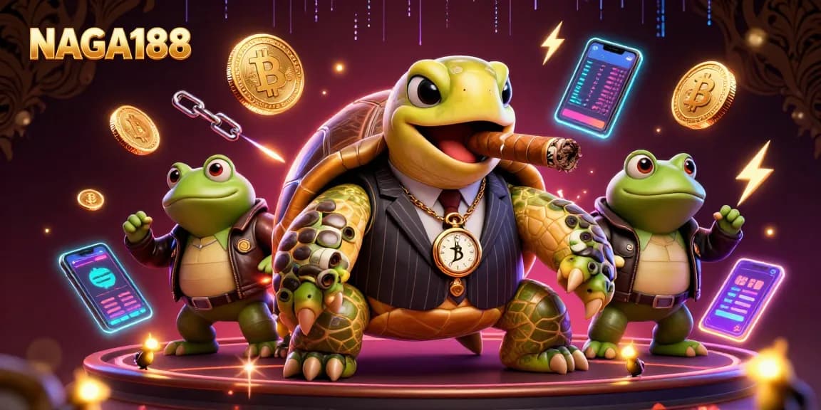 NAGA188: Menikmati keseruan kasino dengan penyu kartun kelas atas dan kelelawar dengan elemen permainan digital.