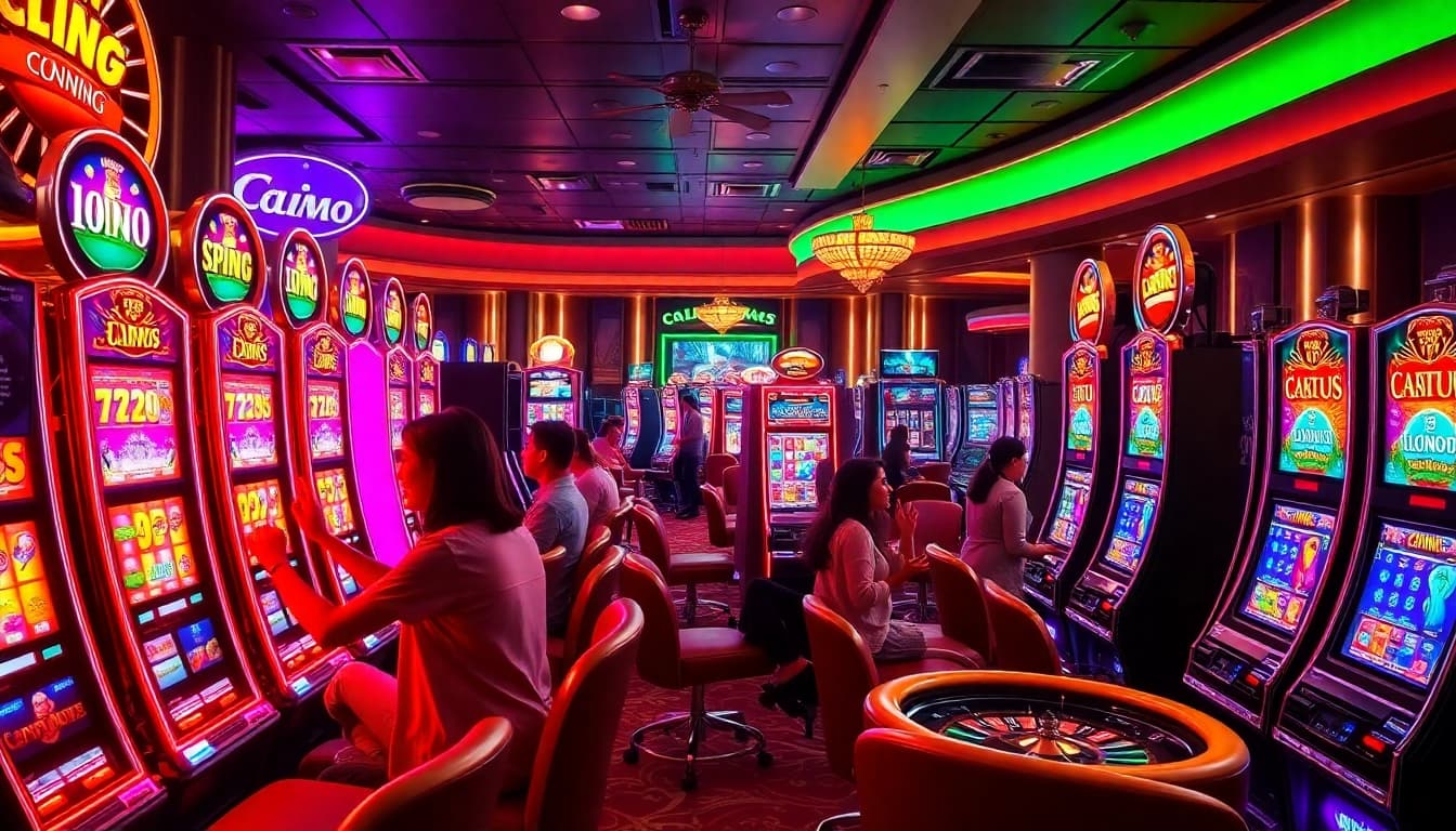 Excited players engaging with a slot demo machine in a vibrant casino setting, showcasing thrilling gameplay.