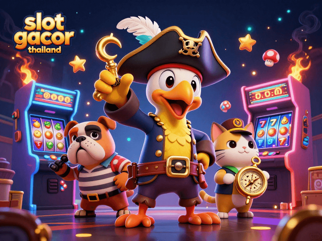 Engage with slot gacor thailand in this lively 3D scene filled with vibrant characters and casino game elements.