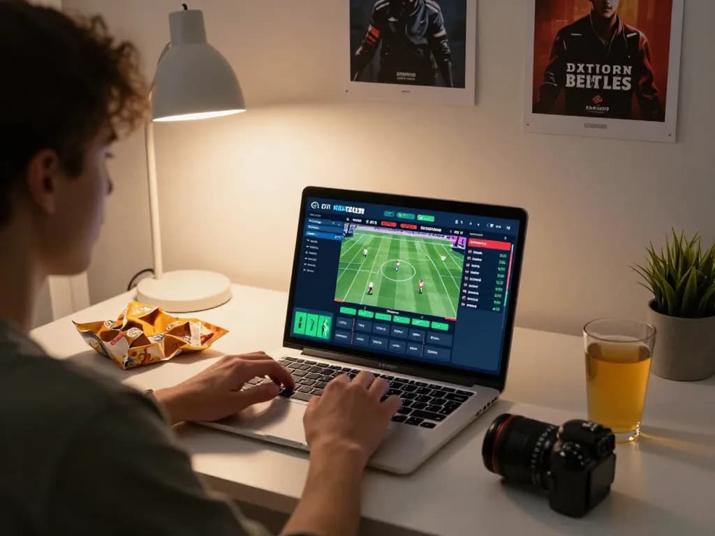 Engaging online gaming session at home with situs slot app in use, emphasizing strategic sports betting.
