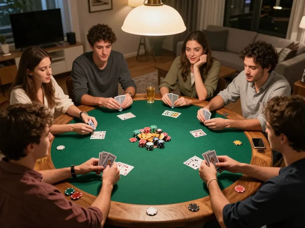 Friends enjoying poker at home showcasing South African Online Casinos atmosphere among gaming companions.