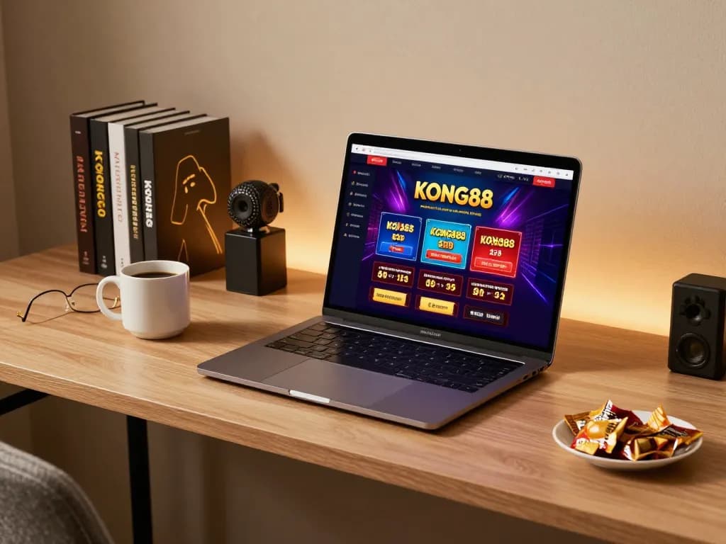 KONG88 online gaming setup with stylish laptop interface, inviting atmosphere, and luxury decor.