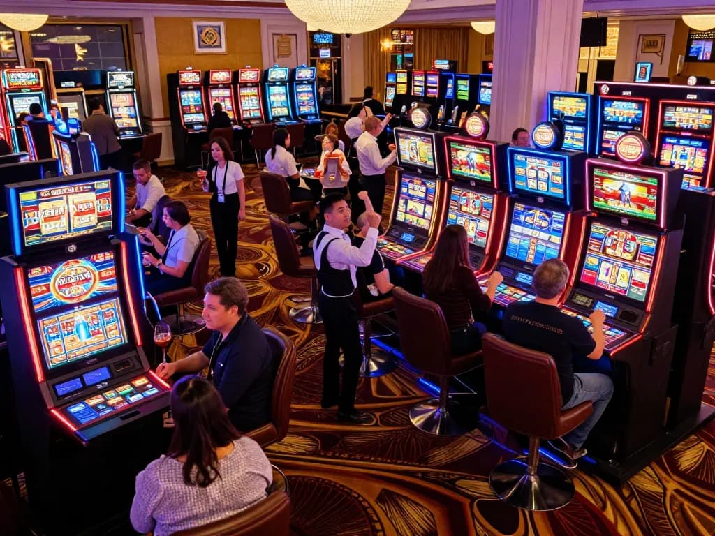 Players celebrating wins at slot machines on the vibrant casino floor of aman788, showcasing the high-energy gaming atmosphere.