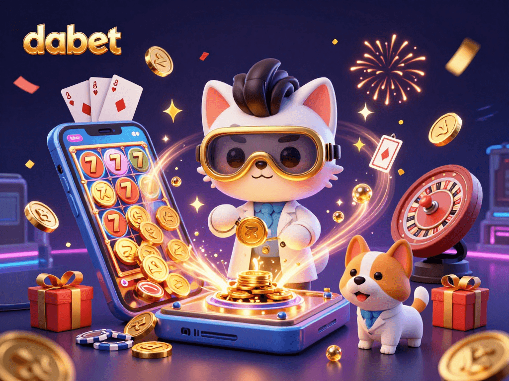 Dabet casino scene featuring a mad scientist cat, assistant dog, and vibrant slot games bursting with coins and playing cards.