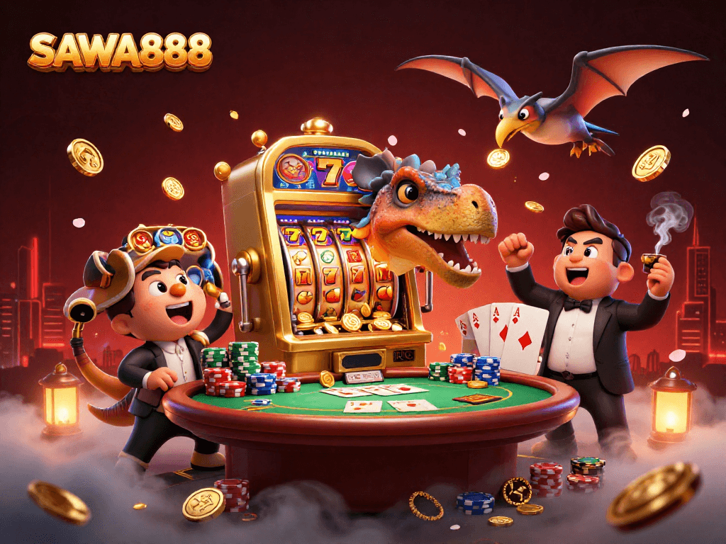 SAWA888 features a pachycephalosaurus headbutting a slot machine, surrounded by vibrant casino elements.