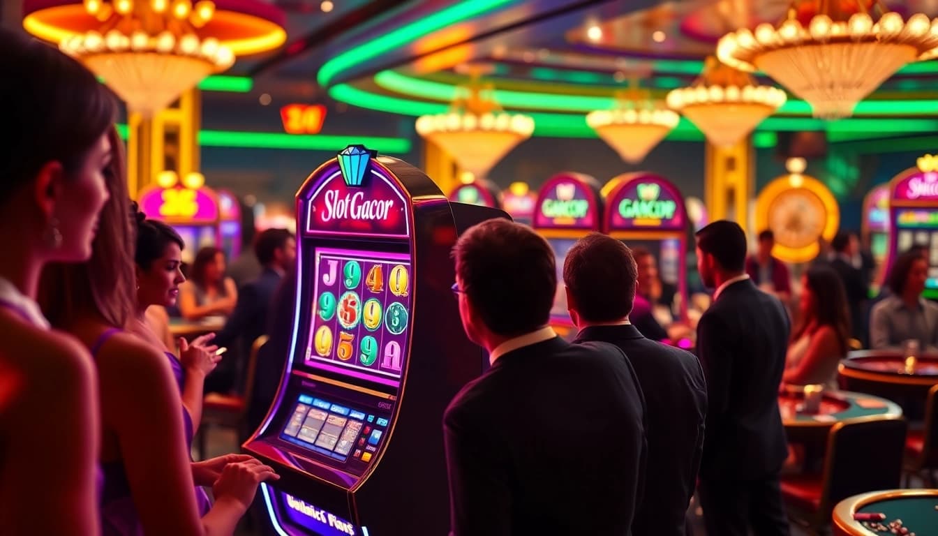 Play exciting slot gacor machines surrounded by vibrant casino atmosphere and luxury elements.