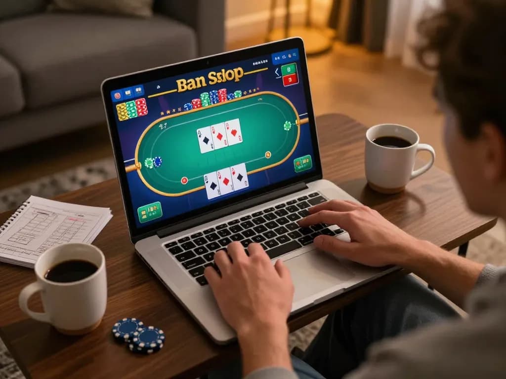 Engaging in non Gamstop casinos gameplay on a laptop, showcasing poker excitement at home.