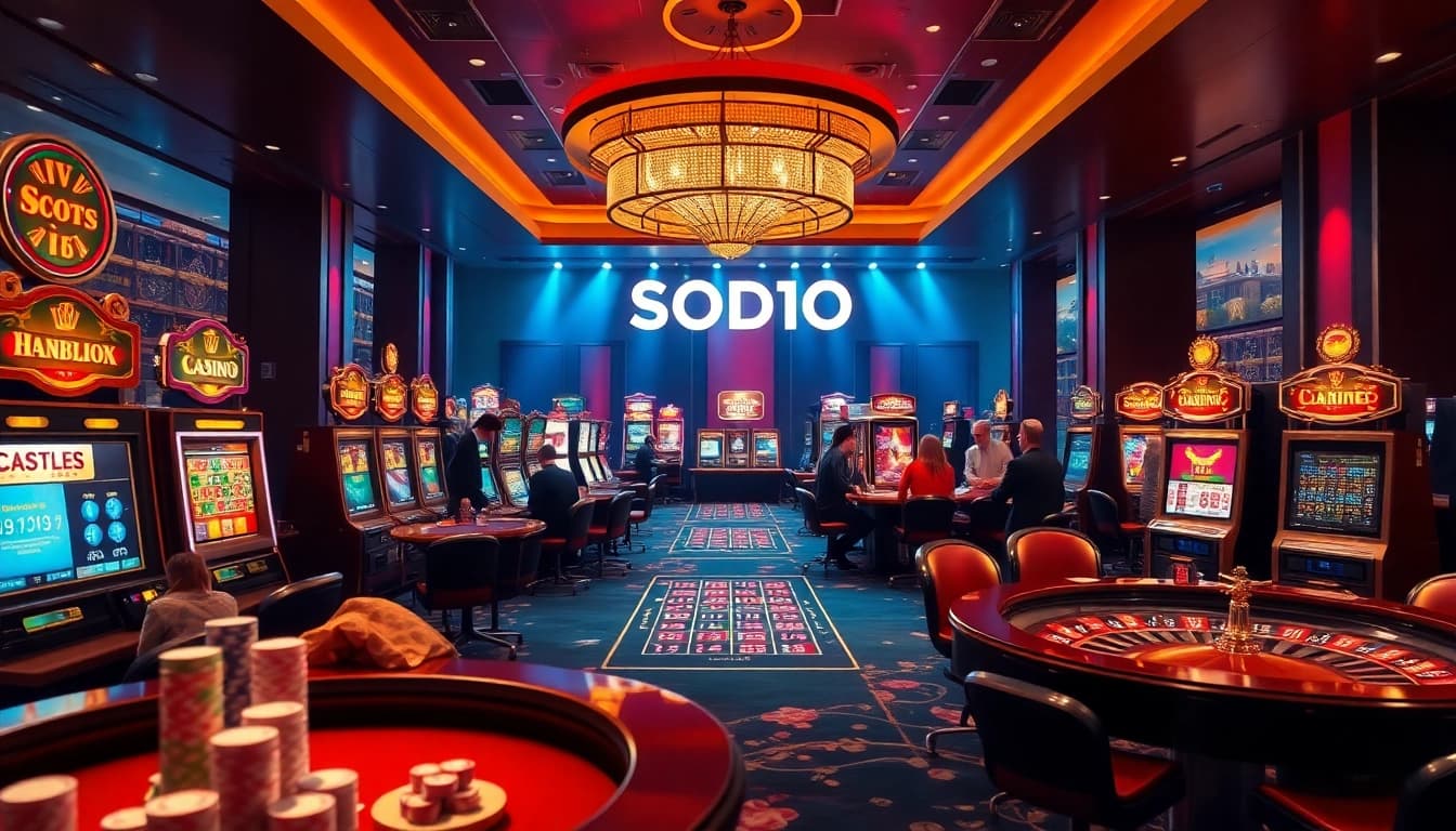 SODO66VN casino scene with excited players betting at luxurious tables and vibrant slot machines.