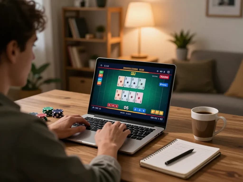 Player engaged with ulat123 poker game on laptop, showcasing strategic gaming at home.