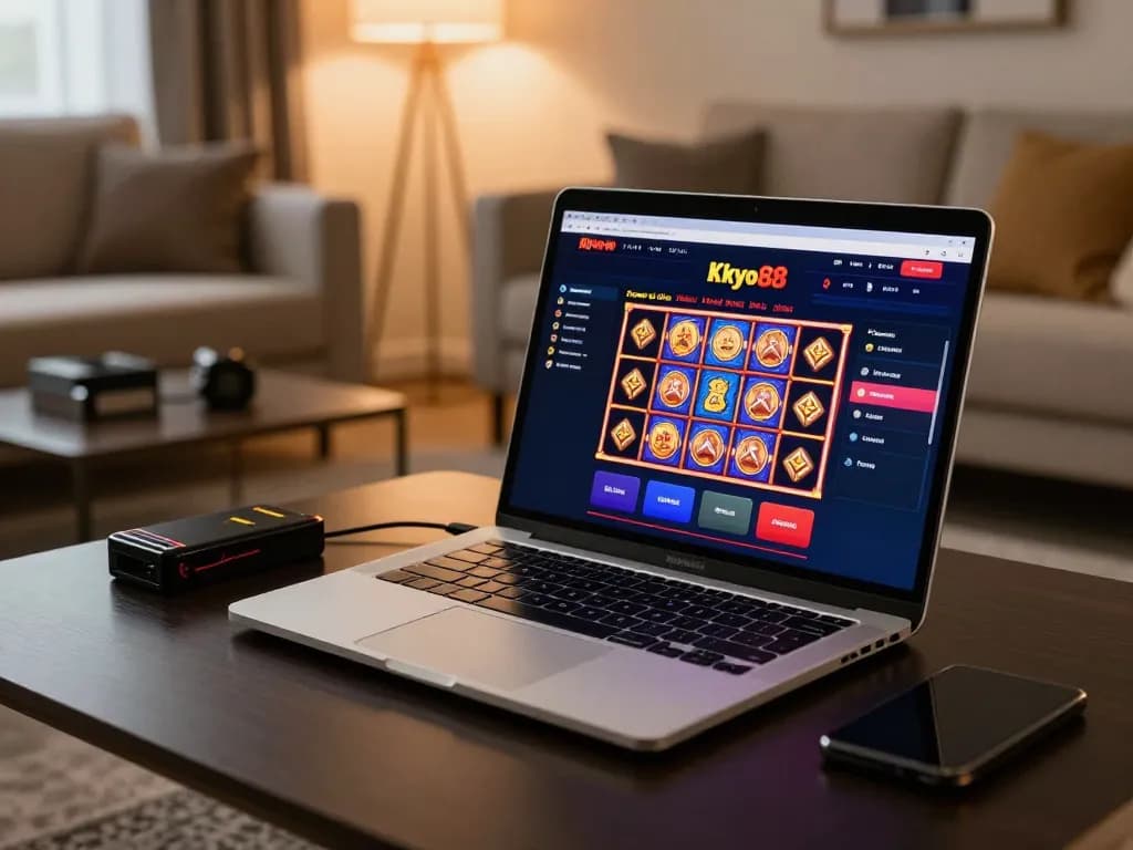 Berpartisipasi dalam permainan kasino online tokyo88 dengan grafis slot yang cerah di laptop yang ramping.