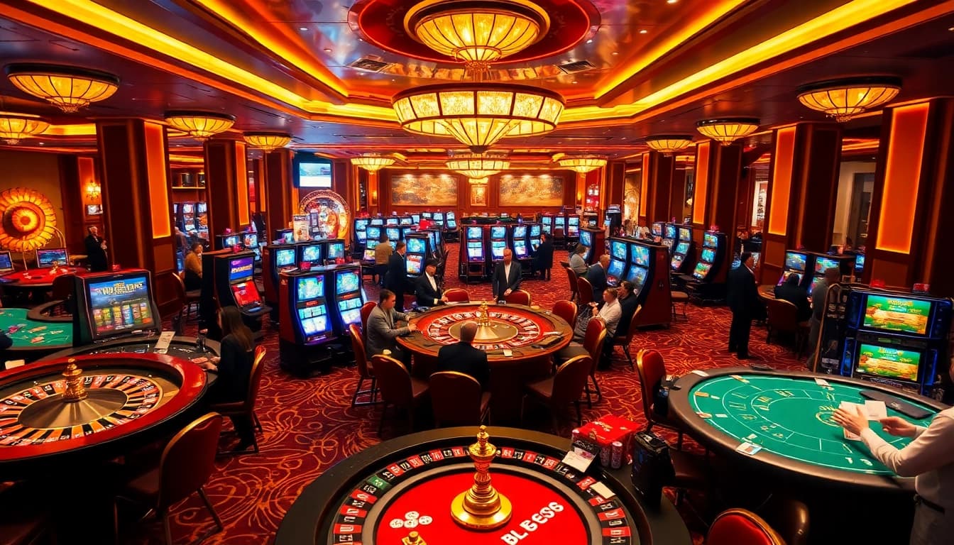 Excited players at Thabet casino enjoying gaming with roulette and poker tables.