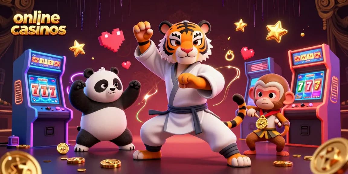 Engaging illustration of online casinos with a kung fu tiger, panda, and monkey, showcasing vibrant gaming elements.