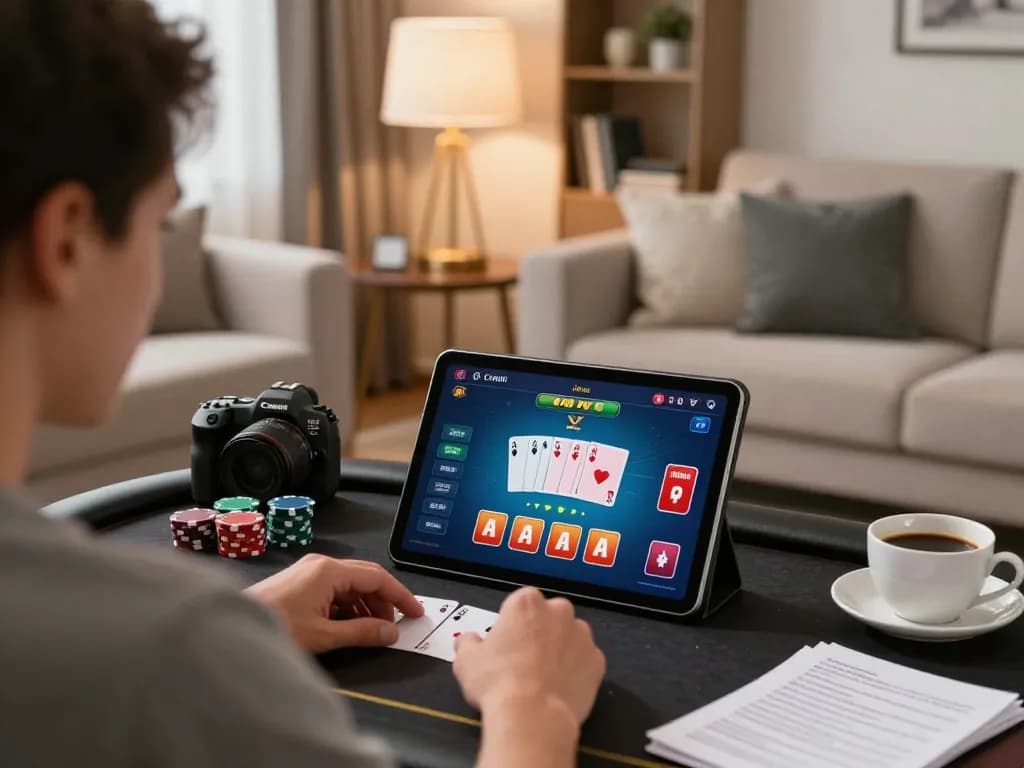 Engaging online poker action on RR88's platform, showcasing strategy notes and a cozy gaming setup.