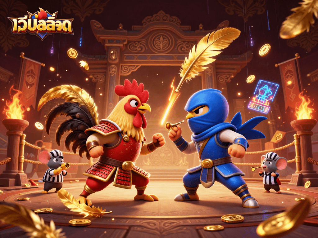 Experience the excitement of เว็บสล็อต with dynamic casino action featuring fighting roosters and golden tokens.