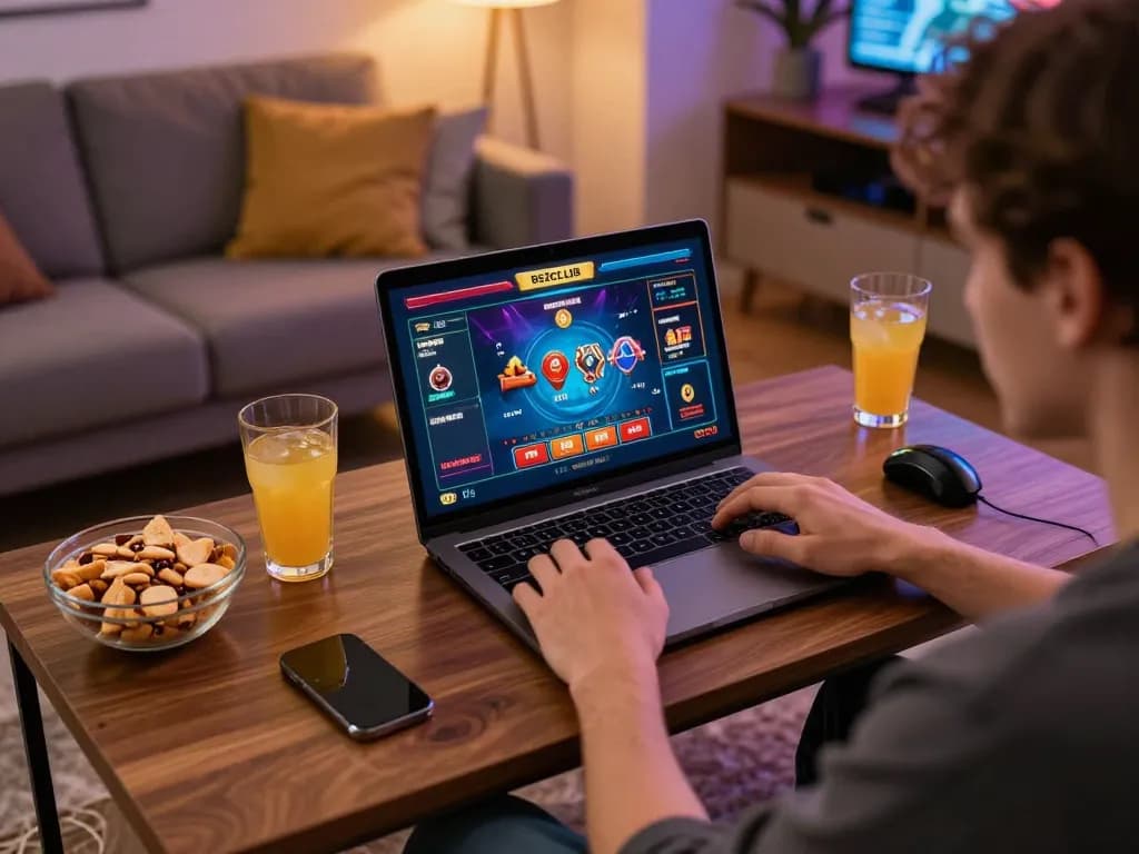 B52CLUB player enjoying online gaming experience in a cozy living room setup.