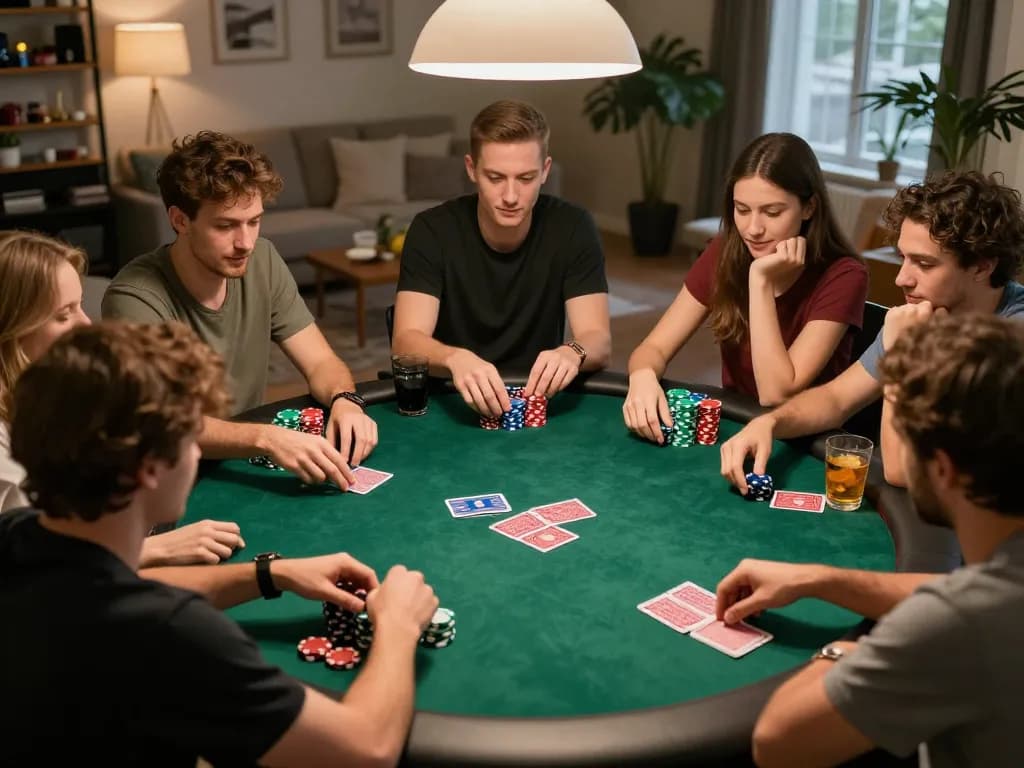 IWIN CLUB poker night with friends showcasing strategic gameplay and excitement around a circular table