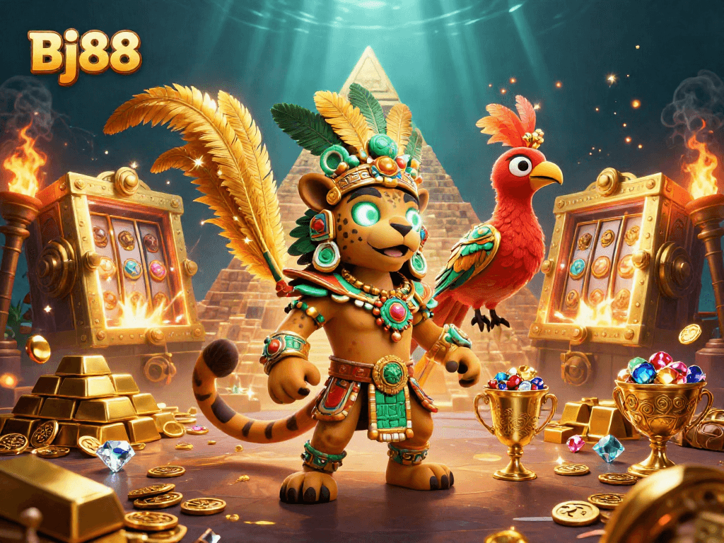 Bj88 showcases vibrant gaming energy with a Mayan jaguar priest amidst jewels and slot symbols.