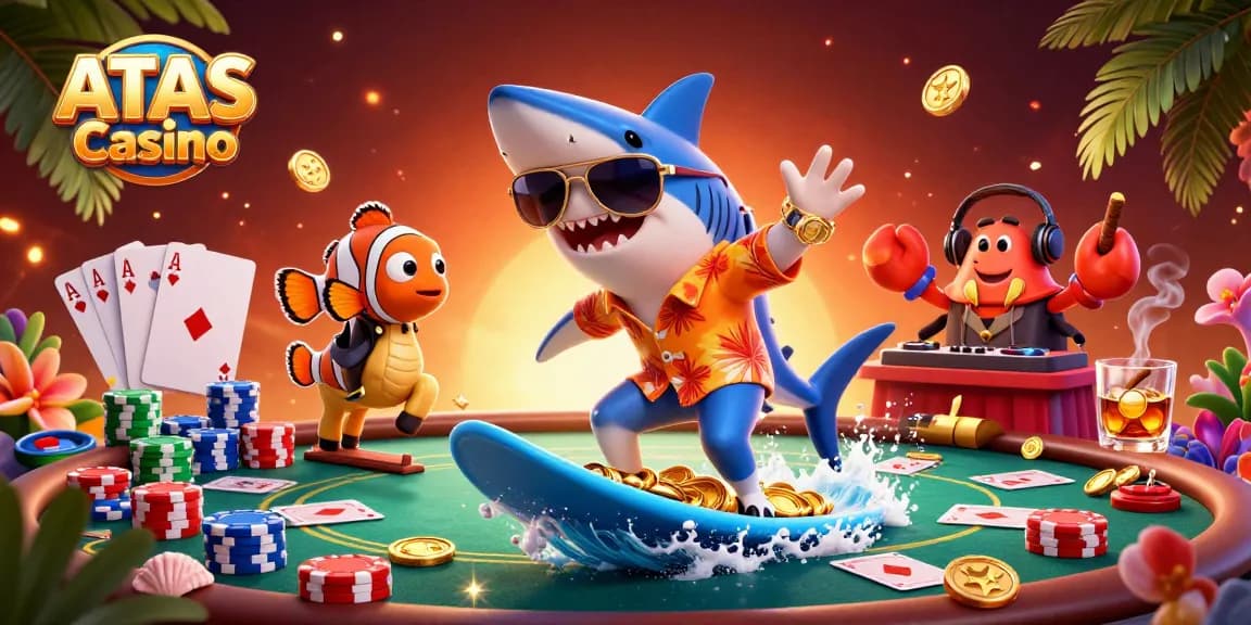 Experience the thrill at ATAS Casino with characters in action amidst vibrant poker elements.