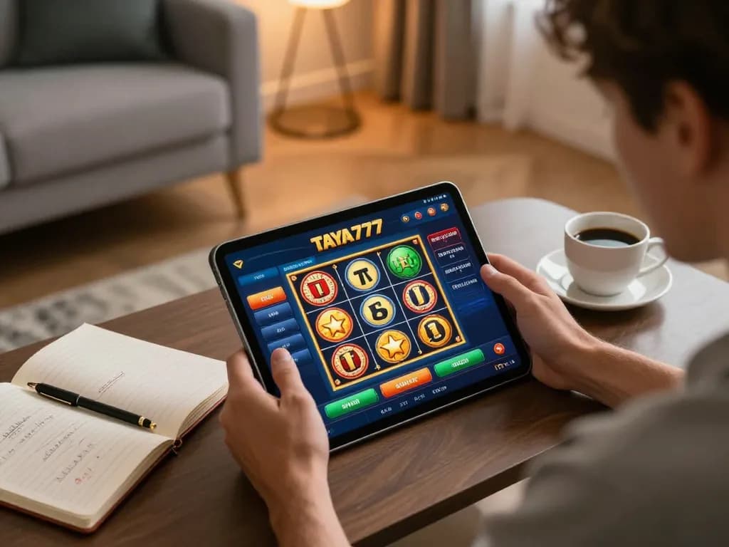 TAYA777app user engaging with online gaming on a tablet in a cozy home setting, demonstrating interactive gaming experience.