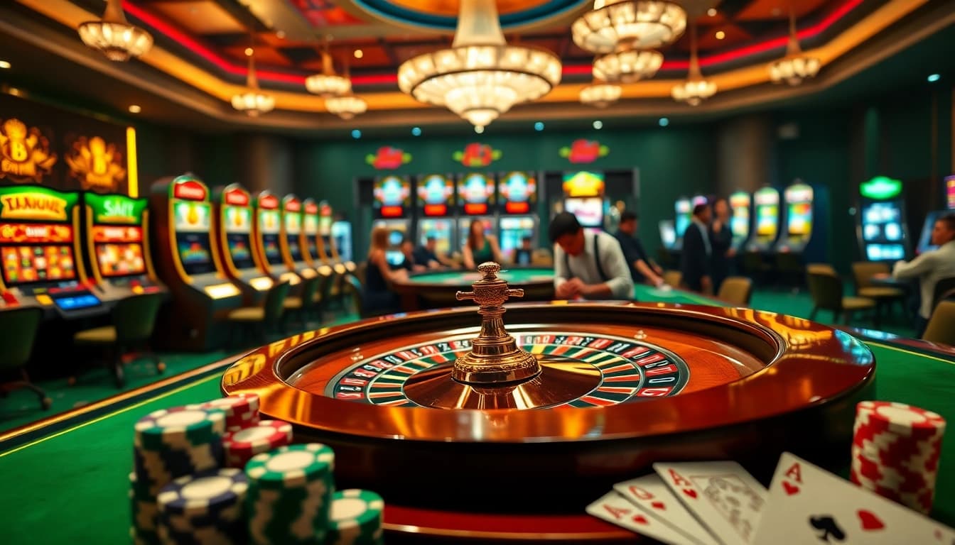 Excited players enjoying roulette at https://www.bdtk66.my/ casino with colorful chips and vibrant lights.