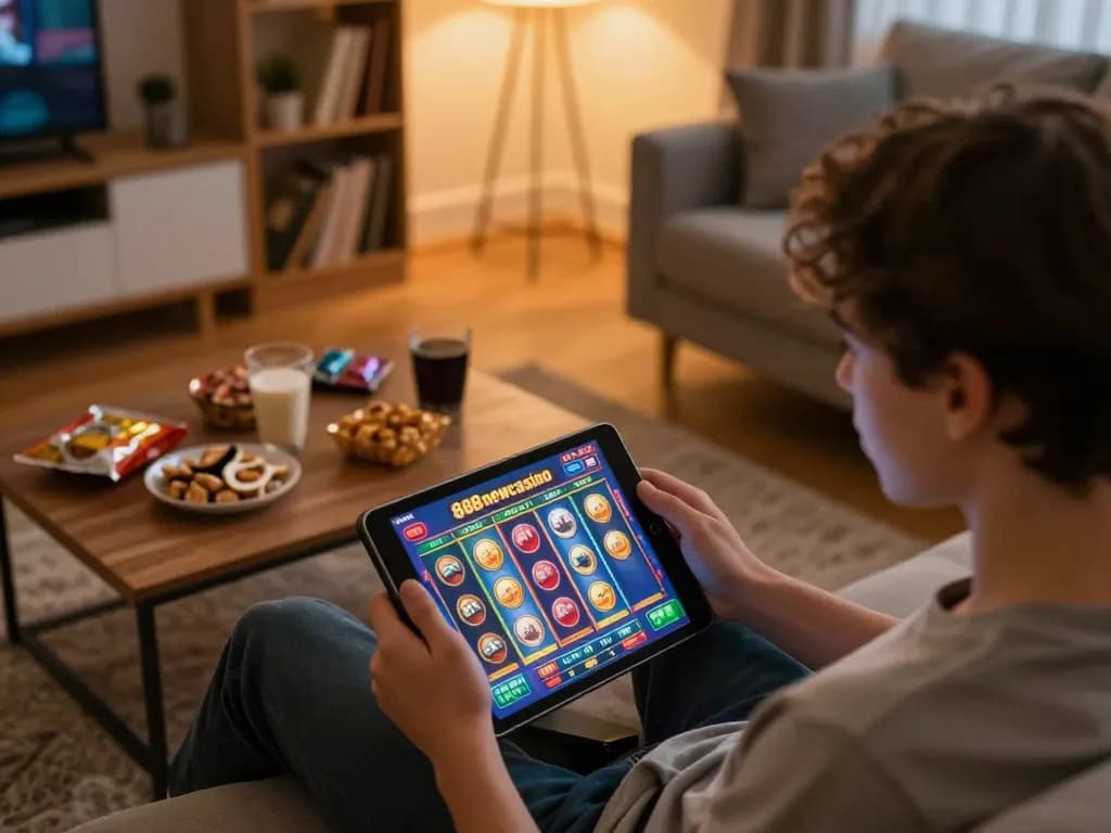 Engaging gameplay on 888newcasino as a player enjoys vibrant slot games at home.