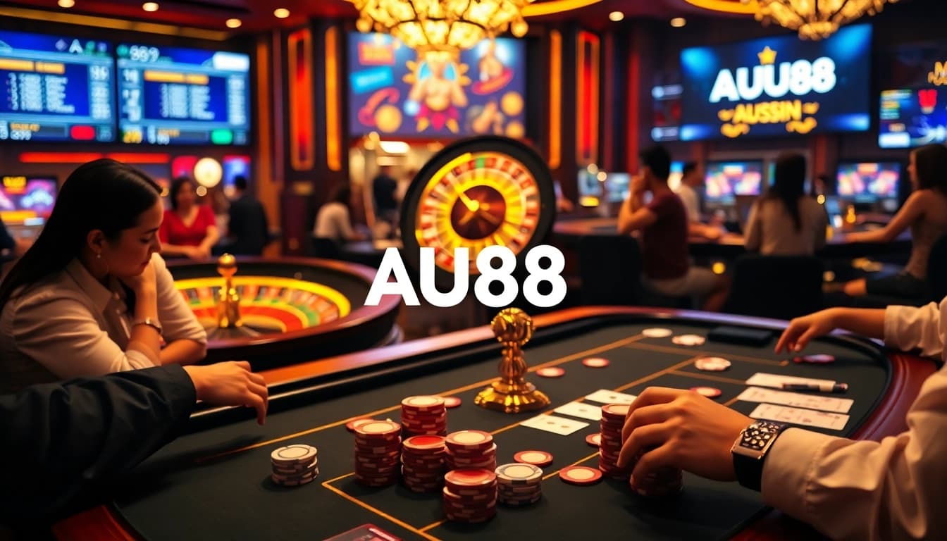 Experience thrilling gameplay at AU88 with vibrant tables, cards, and lights.