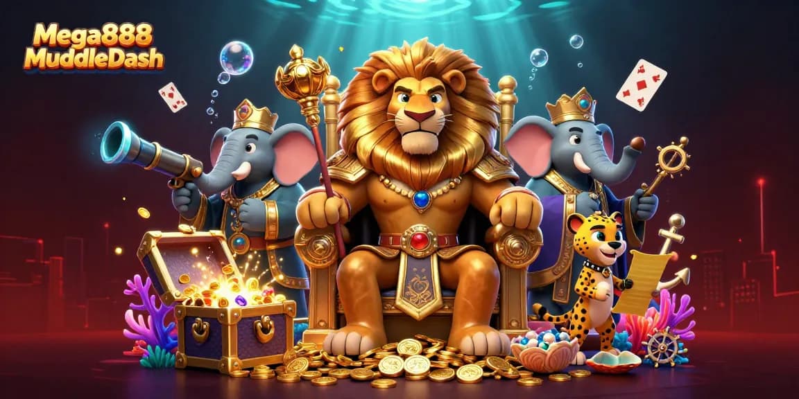 Mega888 MuddleDash showcases a lion king on a throne of coins, enhanced by vibrant casino-themed elements.