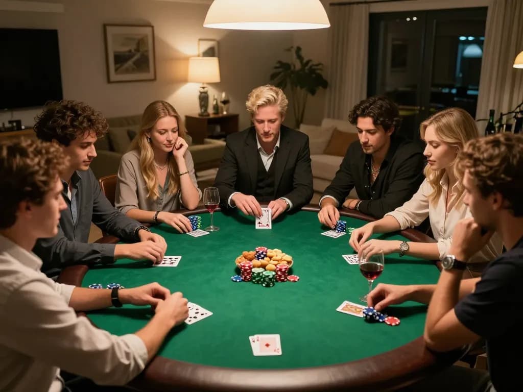 Friends enjoying a poker night at home, showcasing nk88mvp gaming strategies for a fun, social atmosphere.