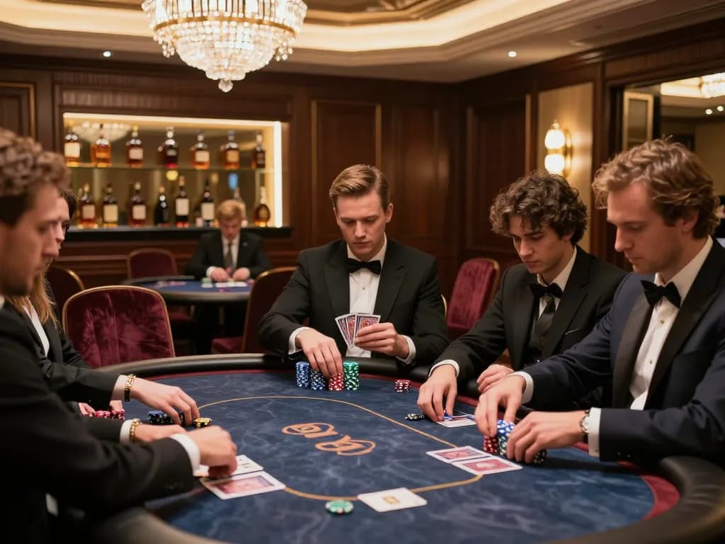 High-stakes poker gameplay at an elite high-roller room showcasing strategic moves and luxurious ambiance, 388bet.