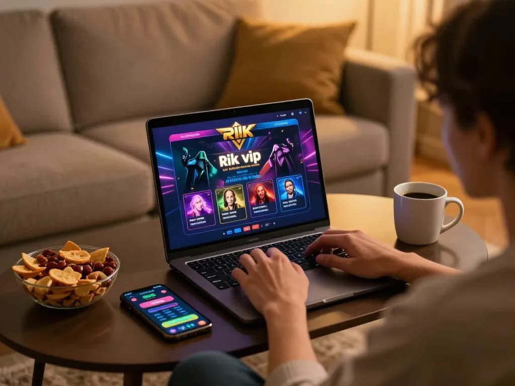 Player engaged in online rik vip gaming with laptop, showing betting excitement in a cozy setting