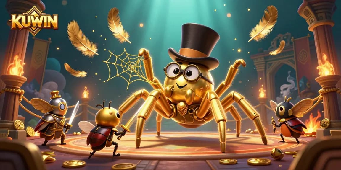 Engage with KUWIN's thrilling casino experience, featuring a golden tarantula and adventurous beetle knight.