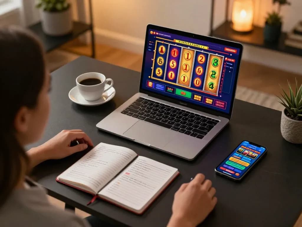 Seorang pemain berinteraksi dengan permainan slot online aman788, dengan gulungan yang cerah ditampilkan di laptop bersama buku catatan strategi.