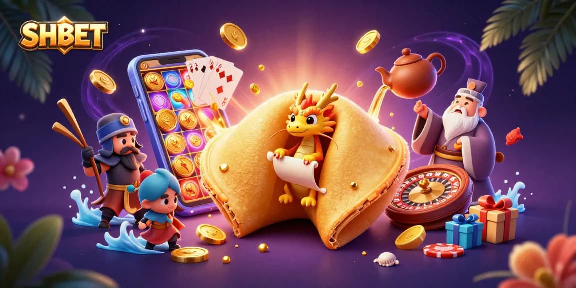 Engage with SHBET by winning big at vibrant slot games featured in an animated casino scene.