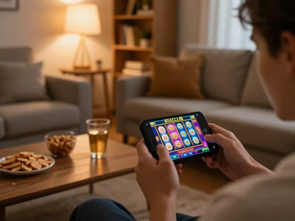 B52CLUB player engaging with online slot machine game on smartphone in cozy home setting.