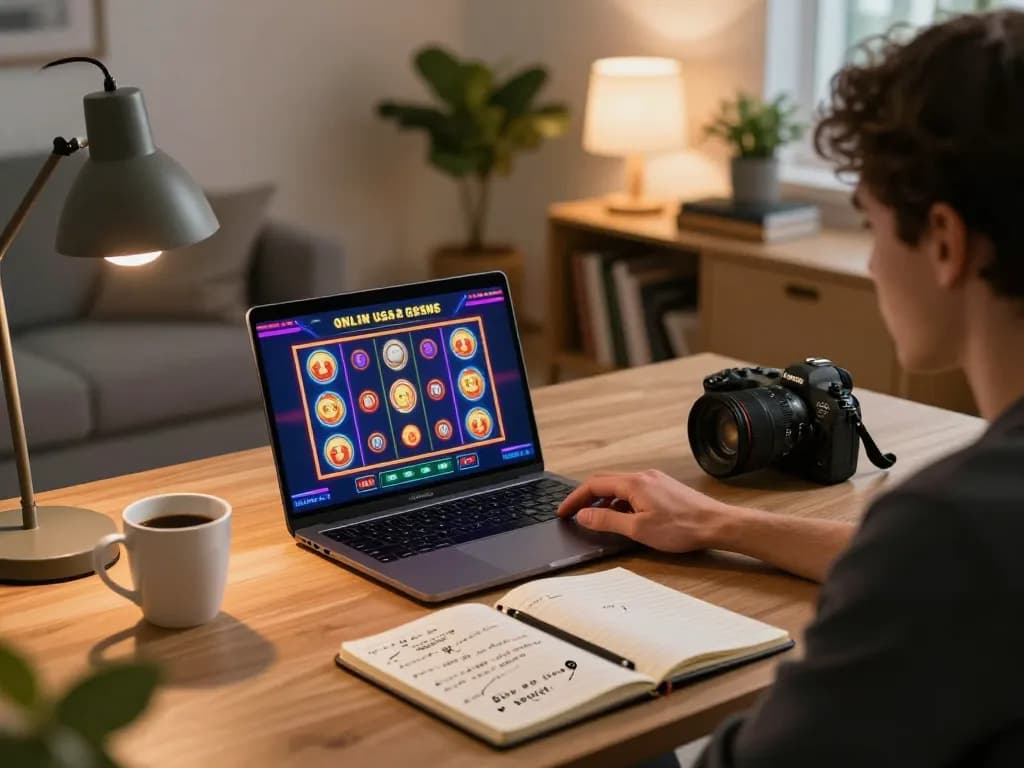 Engaging with online usa casinos on a laptop in a cozy home gaming setup