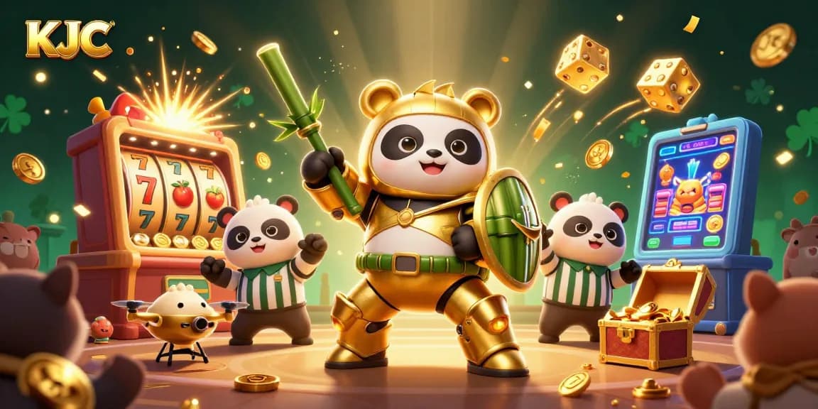 KJC enhances the excitement with a 3D slot machine bursting with rewards amidst vibrant gambling elements.