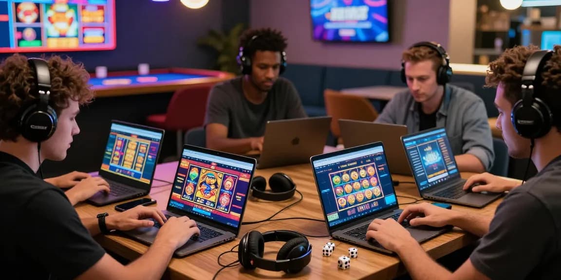 Diverse players exploring new online casino sites in a vibrant lounge filled with gaming excitement.