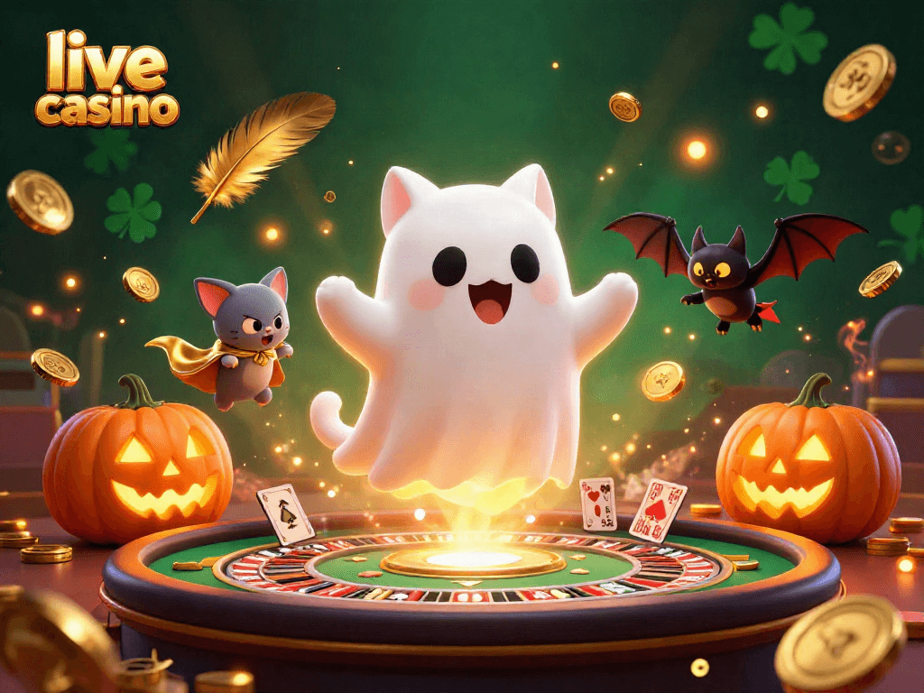 Experience thrilling gameplay in a lively live casino with a ghost cat and vampire bat.