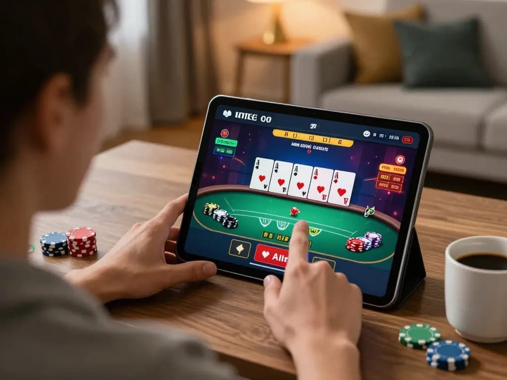 Engaging player using tablet for m106 poker game, showcasing live dealer action