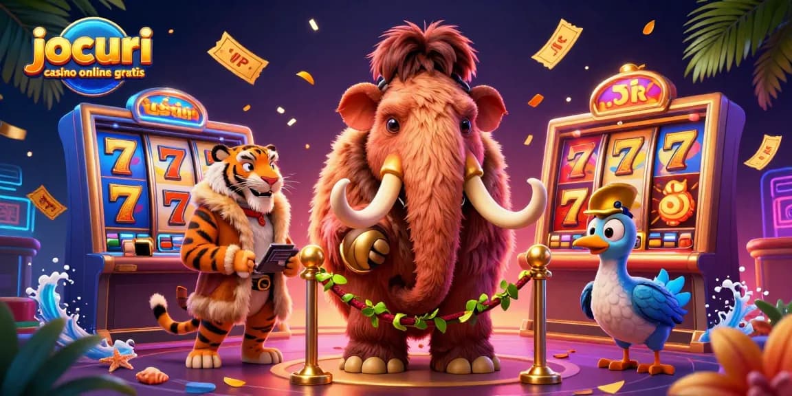 Joacă jocuri casino online gratis cu păcănele, jackpoturi și personaje amuzante într-o scenă vibrantă