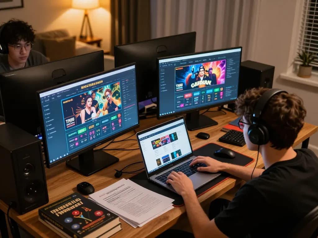 Engaged player optimizing TR88 betting strategies on multiple screens surrounded by casino gaming notes.