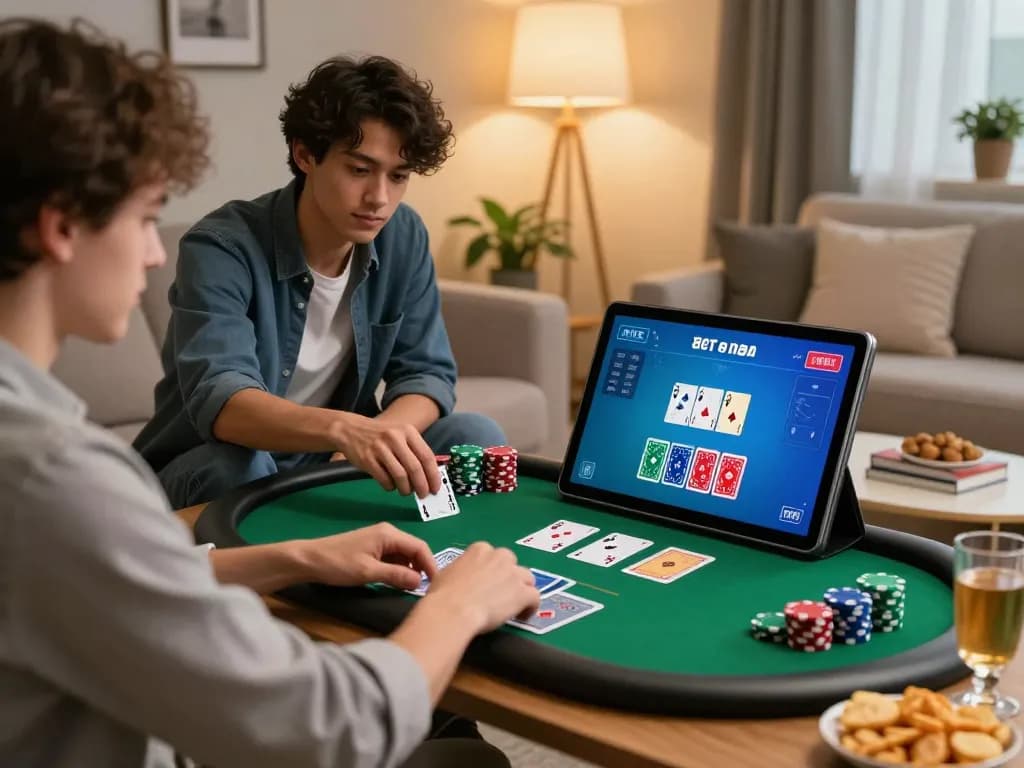 FB88 player engaging in dynamic online poker game at home, creating a cozy and strategic atmosphere.