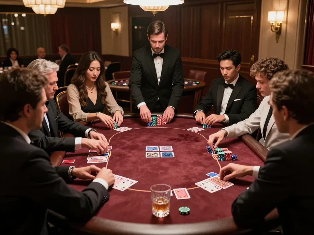 Players engaged in strategic high-stakes poker game at SC88 casino table with chips and cards visible