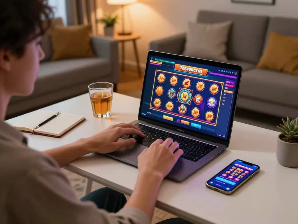 Playing thrilling slot terpercaya games on a laptop in a cozy living room setting.