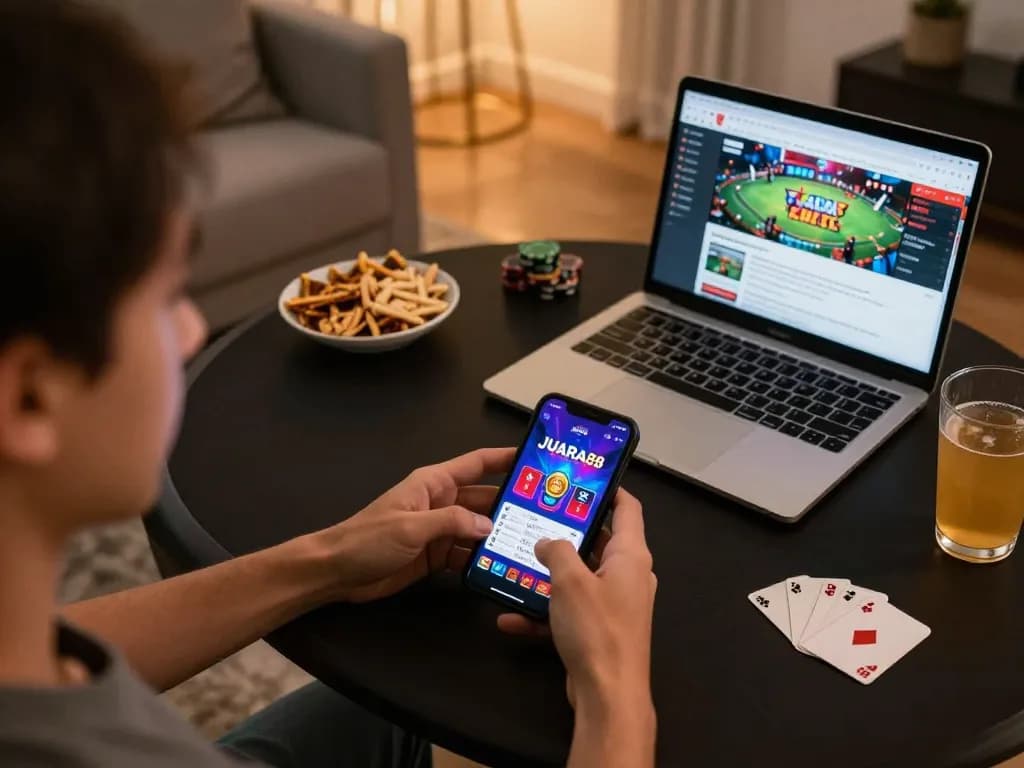 Engaging user experiencing JUARA88 gaming on mobile device, showcasing dynamic online poker atmosphere