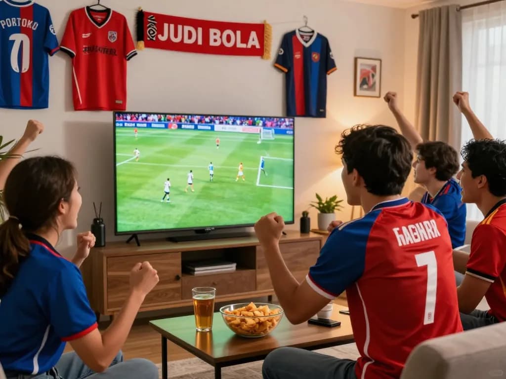 Football fan celebrating during a thrilling Judi Bola match at home, surrounded by memorabilia and snacks.