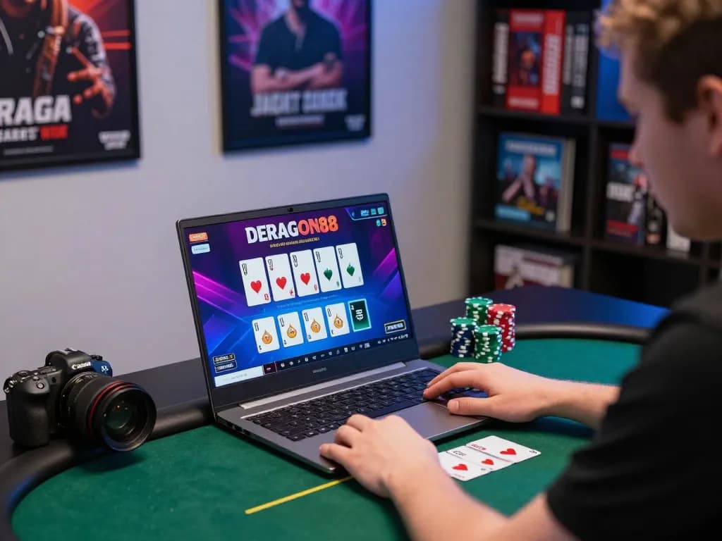 Orang yang sedang menavigasi permainan poker online deragon88 di laptop dalam pengaturan permainan di rumah yang fokus.